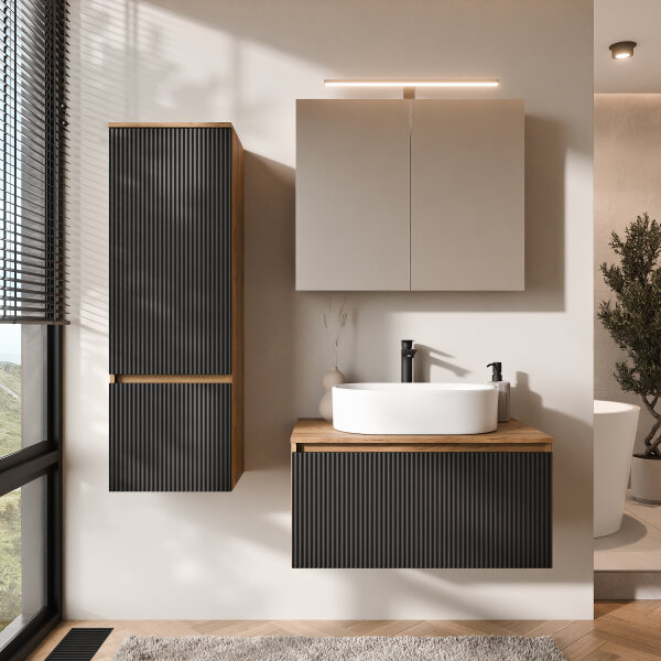 ARISA Badmöbel Set inkl. Hochschrank in Schwarz Geriffelt - Mit Spiegelschrank "ARIA" und weißem Keramik-Aufsatzwaschbecken 55 cm