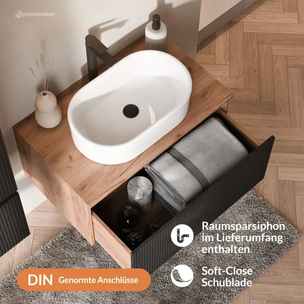 ARISA Bathroom Furniture Set, including a tall cabinet in black ribbed finish – with "ARIA" mirror cabinet and white ceramic countertop sink (55 cm)