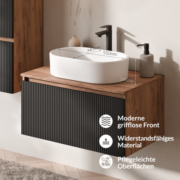 ARISA Badmöbel Set inkl. Hochschrank in Schwarz Geriffelt - Mit Spiegelschrank "ARIA" und weißem Keramik-Aufsatzwaschbecken 55 cm