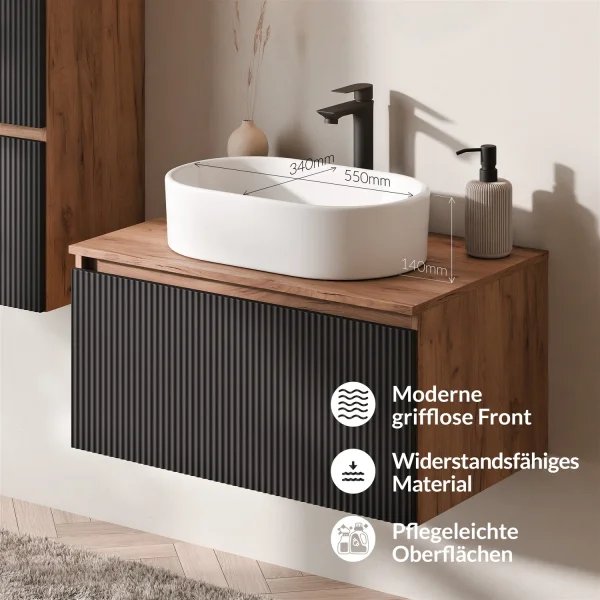 ARISA Bathroom Furniture Set, including a tall cabinet in black ribbed finish – with "ARIA" mirror cabinet and white ceramic countertop sink (55 cm)