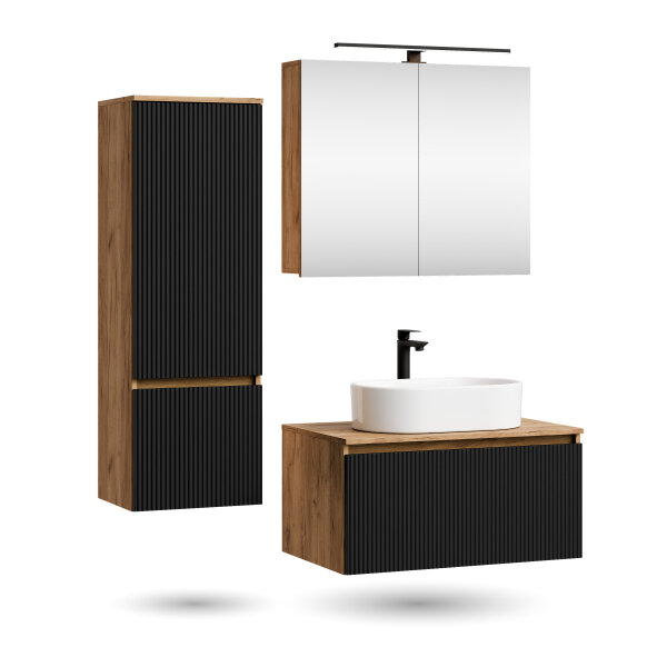 ARISA Badmöbel Set inkl. Hochschrank in Schwarz Geriffelt - Mit Spiegelschrank "ARIA" und weißem Keramik-Aufsatzwaschbecken 55 cm
