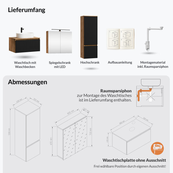 ARISA Badmöbel Set inkl. Hochschrank in Schwarz Geriffelt - Mit Spiegelschrank "ARIA" und weißem Keramik-Aufsatzwaschbecken 55 cm