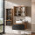 ARISA Badmöbel Set inkl. Hochschrank in Schwarz Geriffelt - Mit Spiegelschrank "ARIA" und weißem Keramik-Aufsatzwaschbecken 55 cm