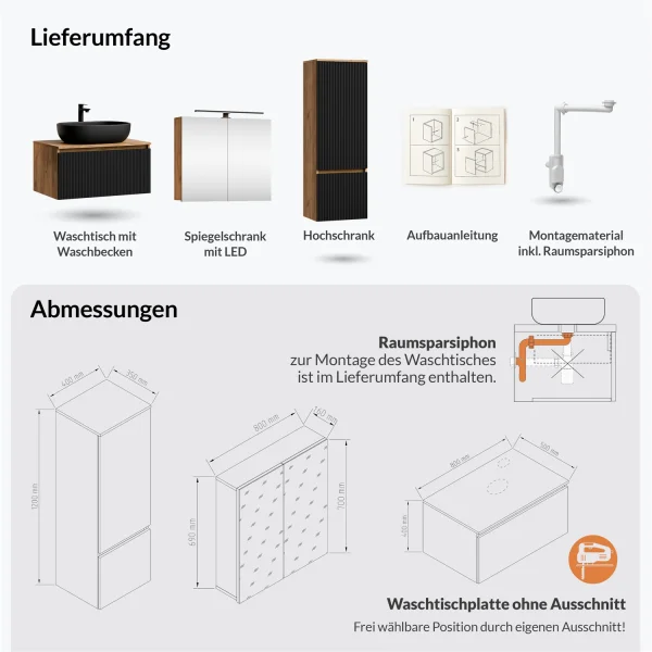 Ensemble de meubles de salle de bains ARISA avec armoire haute en noir strié - Avec armoire de toilette « ARIA » et lavabo à poser en céramique noir de 60 cm