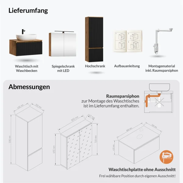 Conjunto de muebles de baño ARISA con armario alto en negro estriado, que incluye el armario con espejo «ARIA» y un lavabo sobre encimera de cerámica blanco de 60 cm
