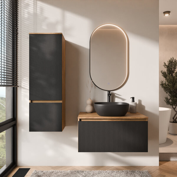 ARISA Badmöbel Set inkl. Hochschrank in Schwarz Geriffelt - mit "Glora" LED Spiegel und schwarzem Keramik-Aufsatzwaschbecken 42 cm