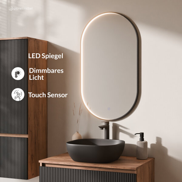 ARISA Badmöbel Set inkl. Hochschrank in Schwarz Geriffelt - mit "Glora" LED Spiegel und schwarzem Keramik-Aufsatzwaschbecken 42 cm