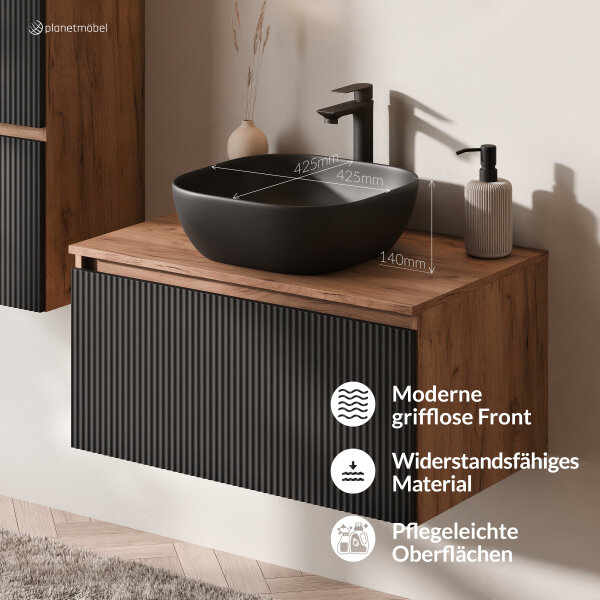 ARISA Badmöbel Set inkl. Hochschrank in Schwarz Geriffelt - mit "Glora" LED Spiegel und schwarzem Keramik-Aufsatzwaschbecken 42 cm