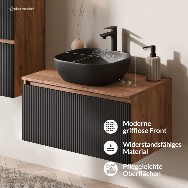 Ensemble de meubles de salle de bains ARISA avec armoire haute en noir strié - avec miroir LED « Glora » et lavabo à poser en céramique noire de 42 cm
