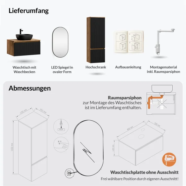 Ensemble de meubles de salle de bains ARISA avec armoire haute en noir strié - avec miroir LED « Glora » et lavabo à poser en céramique noire de 42 cm