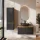 Ensemble de meubles de salle de bains ARISA avec armoire haute en noir strié - avec miroir LED « Glora » et lavabo à poser en céramique noire de 42 cm