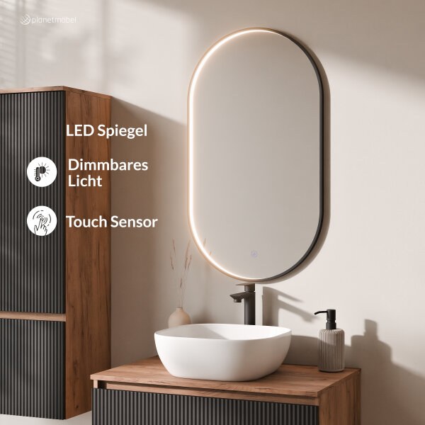 ARISA Badmöbel Set inkl. Hochschrank in Schwarz Geriffelt - mit "Glora" LED Spiegel und weißem Keramik-Aufsatzwaschbecken 42 cm