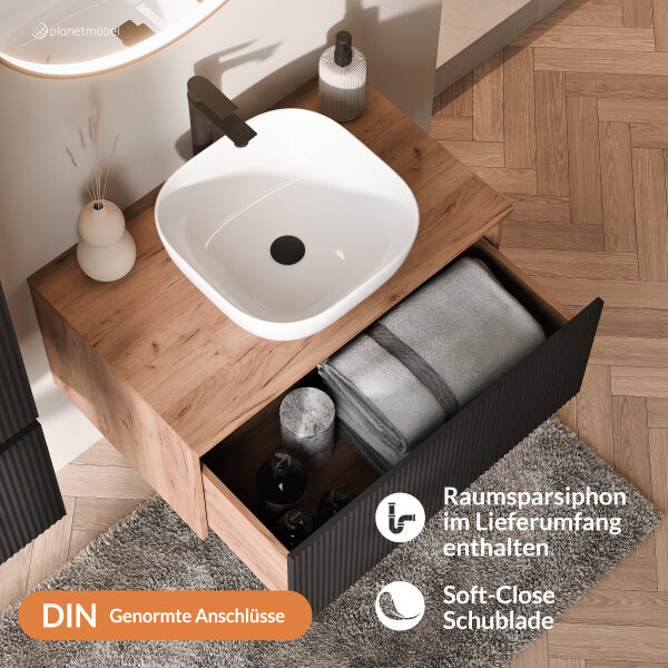 ARISA Badmöbel Set inkl. Hochschrank in Schwarz Geriffelt - mit "Glora" LED Spiegel und weißem Keramik-Aufsatzwaschbecken 42 cm