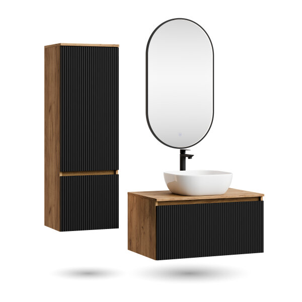 ARISA Badmöbel Set inkl. Hochschrank in Schwarz Geriffelt - mit "Glora" LED Spiegel und weißem Keramik-Aufsatzwaschbecken 42 cm