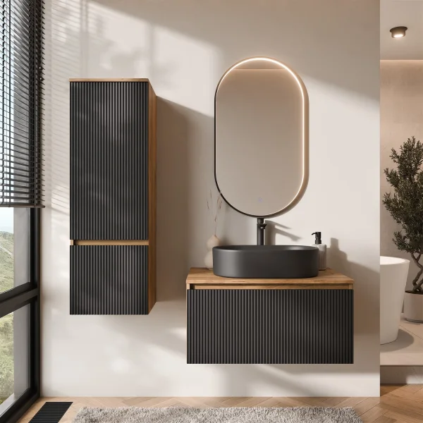 Ensemble de meubles de salle de bains ARISA avec armoire haute en noir strié - avec miroir LED « Glora » et lavabo à poser en céramique noire de 55 cm