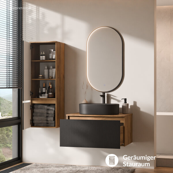 ARISA Badmöbel Set inkl. Hochschrank in Schwarz Geriffelt - mit "Glora" LED Spiegel und schwarzem Keramik-Aufsatzwaschbecken 55 cm