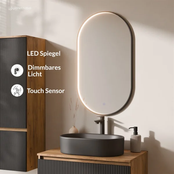 Ensemble de meubles de salle de bains ARISA avec armoire haute en noir strié - avec miroir LED « Glora » et lavabo à poser en céramique noire de 55 cm