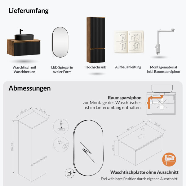 ARISA Badmöbel Set inkl. Hochschrank in Schwarz Geriffelt - mit "Glora" LED Spiegel und schwarzem Keramik-Aufsatzwaschbecken 55 cm