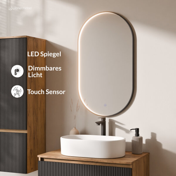 ARISA Badmöbel Set inkl. Hochschrank in Schwarz Geriffelt - mit "Glora" LED Spiegel und weißem Keramik-Aufsatzwaschbecken 55 cm