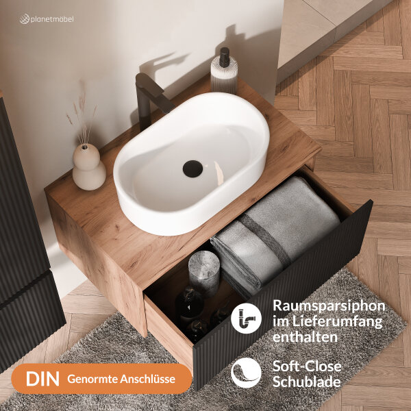 ARISA Badmöbel Set inkl. Hochschrank in Schwarz Geriffelt - mit "Glora" LED Spiegel und weißem Keramik-Aufsatzwaschbecken 55 cm