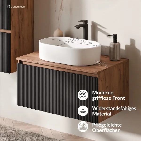 Ensemble de meubles de salle de bains ARISA avec armoire haute en noir strié - comprenant un miroir LED « Glora » et un lavabo à poser en céramique blanche de 55 cm
