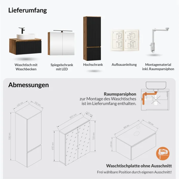 Ensemble de meubles de salle de bains ARISA avec armoire haute en noir strié - comprenant un miroir LED « Glora » et un lavabo à poser en céramique blanche de 55 cm