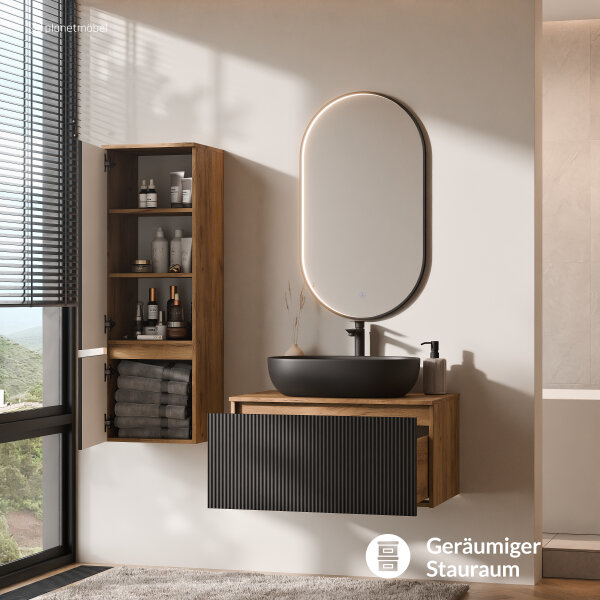 ARISA Badmöbel Set inkl. Hochschrank in Schwarz Geriffelt - mit "Glora" LED Spiegel und schwarzem Keramik-Aufsatzwaschbecken 60 cm