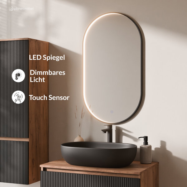 ARISA Badmöbel Set inkl. Hochschrank in Schwarz Geriffelt - mit "Glora" LED Spiegel und schwarzem Keramik-Aufsatzwaschbecken 60 cm