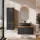 Set di mobili da bagno ARISA con mobile alto in nero zigrinato - con specchio LED "Glora" e lavabo da appoggio in ceramica nera da 60 cm