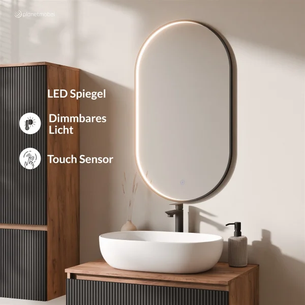 ARISA Bathroom Furniture Set, including a tall cabinet in black ribbed finish—with a "Glora" LED mirror and a white ceramic countertop sink (60 cm)