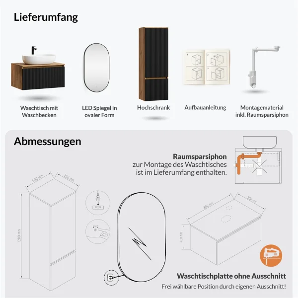 ARISA Bathroom Furniture Set, including a tall cabinet in black ribbed finish—with a "Glora" LED mirror and a white ceramic countertop sink (60 cm)