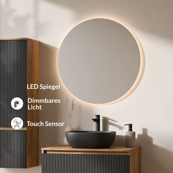 ARISA Bathroom Furniture Set, including a tall cabinet in black ribbed finish – with a Nova LED mirror and a black ceramic countertop sink (42 cm)