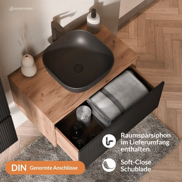 ARISA Bathroom Furniture Set, including a tall cabinet in black ribbed finish – with a Nova LED mirror and a black ceramic countertop sink (42 cm)