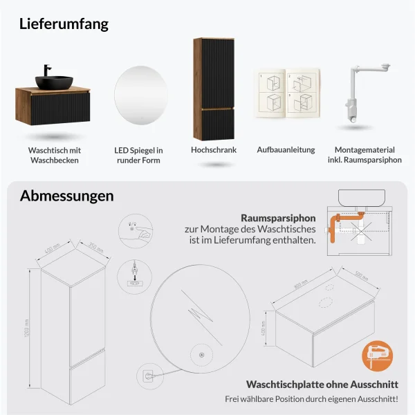 ARISA Bathroom Furniture Set, including a tall cabinet in black ribbed finish – with a Nova LED mirror and a black ceramic countertop sink (42 cm)