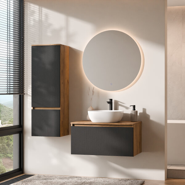 ARISA Badmöbel Set inkl. Hochschrank in Schwarz Geriffelt – Mit Nova LED Spiegel und weißem Keramik-Aufsatzwaschbecken 42 cm