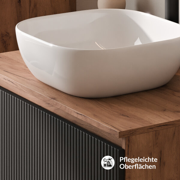 ARISA Badmöbel Set inkl. Hochschrank in Schwarz Geriffelt – Mit Nova LED Spiegel und weißem Keramik-Aufsatzwaschbecken 42 cm