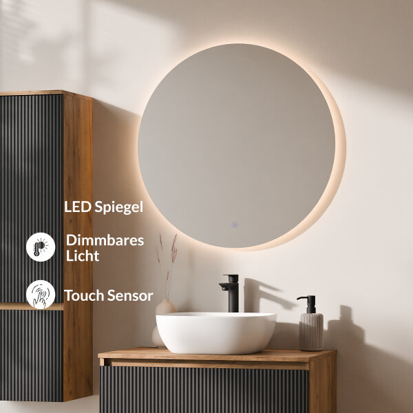 ARISA Badmöbel Set inkl. Hochschrank in Schwarz Geriffelt – Mit Nova LED Spiegel und weißem Keramik-Aufsatzwaschbecken 42 cm