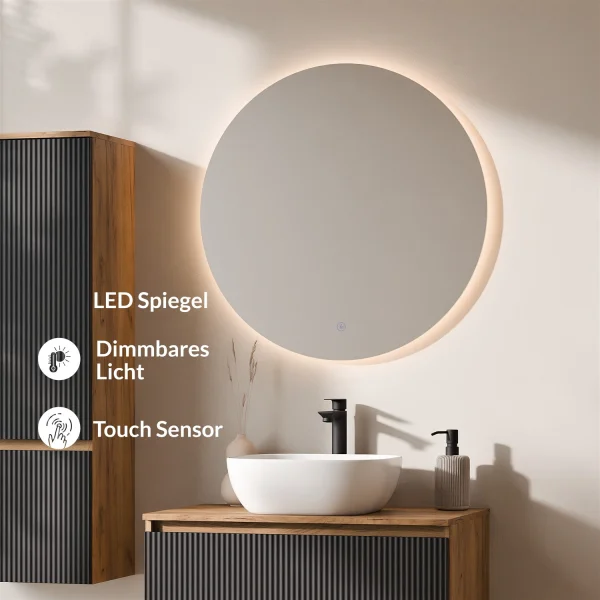 ARISA Bathroom Furniture Set, including a tall cabinet in black ribbed finish – with a Nova LED mirror and a white ceramic countertop sink (42 cm)