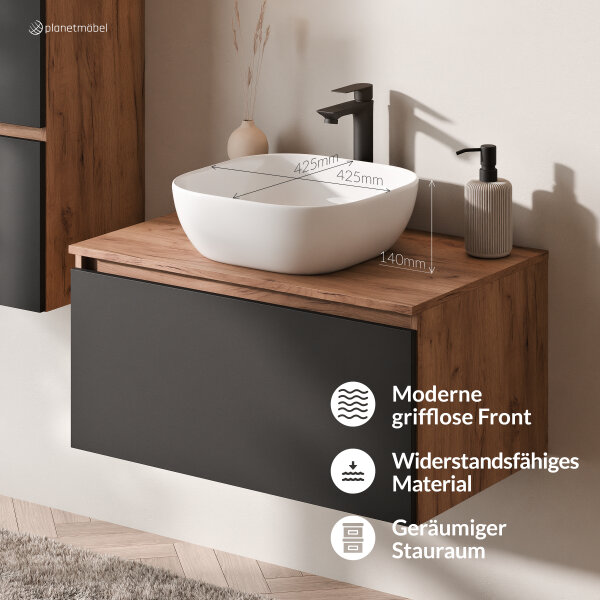 ARISA Badmöbel Set inkl. Hochschrank in Schwarz Geriffelt – Mit Nova LED Spiegel und weißem Keramik-Aufsatzwaschbecken 42 cm