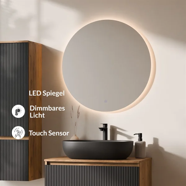 ARISA Badmöbel Set inkl. Hochschrank in Schwarz Geriffelt – Mit Nova LED Spiegel und schwarzem Keramik-Aufsatzwaschbecken 55 cm