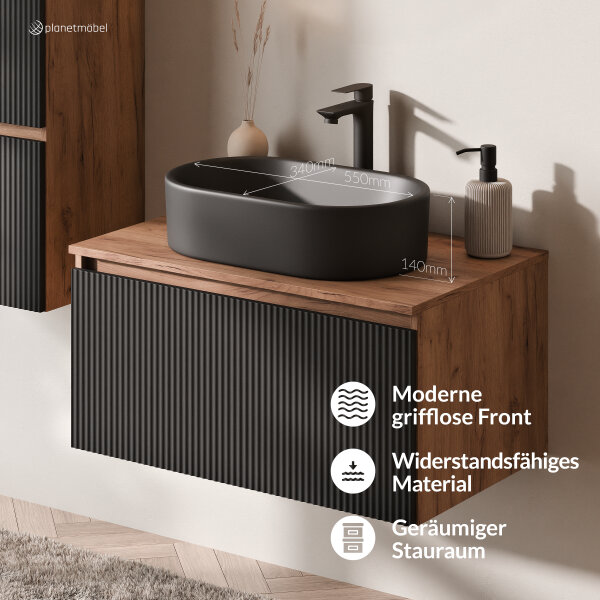 ARISA Badmöbel Set inkl. Hochschrank in Schwarz Geriffelt – Mit Nova LED Spiegel und schwarzem Keramik-Aufsatzwaschbecken 55 cm