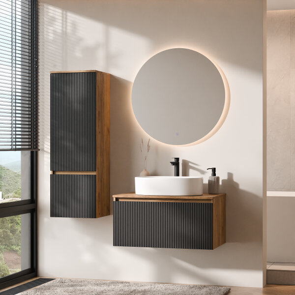 ARISA Badmöbel Set inkl. Hochschrank in Schwarz Geriffelt – Mit Nova LED Spiegel und weißem Keramik-Aufsatzwaschbecken 55 cm