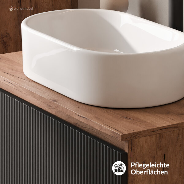 ARISA Badmöbel Set inkl. Hochschrank in Schwarz Geriffelt – Mit Nova LED Spiegel und weißem Keramik-Aufsatzwaschbecken 55 cm