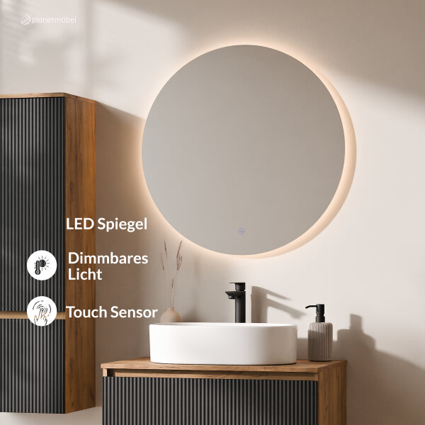 ARISA Badmöbel Set inkl. Hochschrank in Schwarz Geriffelt – Mit Nova LED Spiegel und weißem Keramik-Aufsatzwaschbecken 55 cm