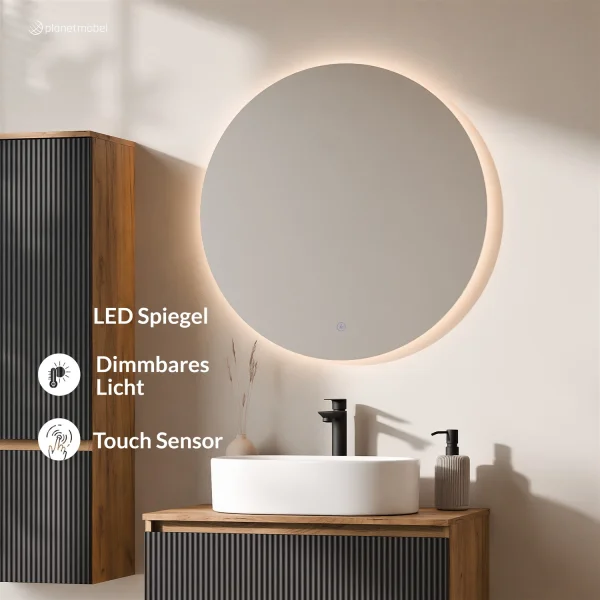 ARISA Badmöbel Set inkl. Hochschrank in Schwarz Geriffelt – Mit Nova LED Spiegel und weißem Keramik-Aufsatzwaschbecken 55 cm