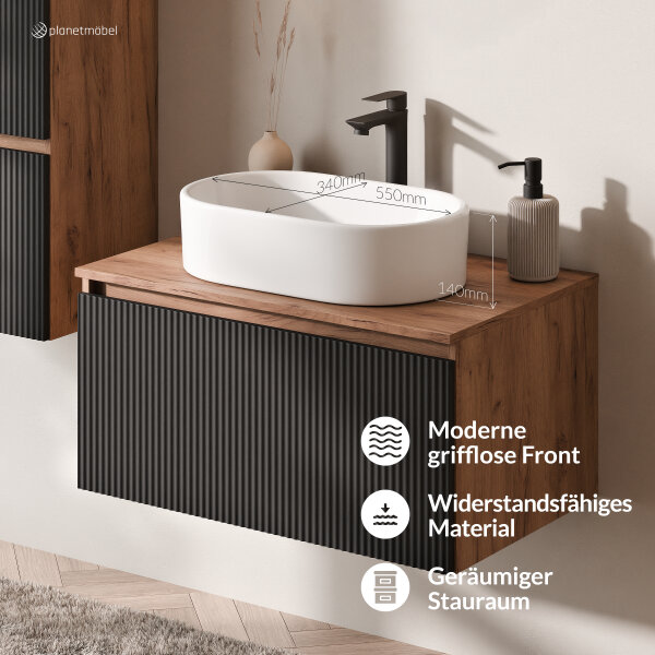 ARISA Badmöbel Set inkl. Hochschrank in Schwarz Geriffelt – Mit Nova LED Spiegel und weißem Keramik-Aufsatzwaschbecken 55 cm