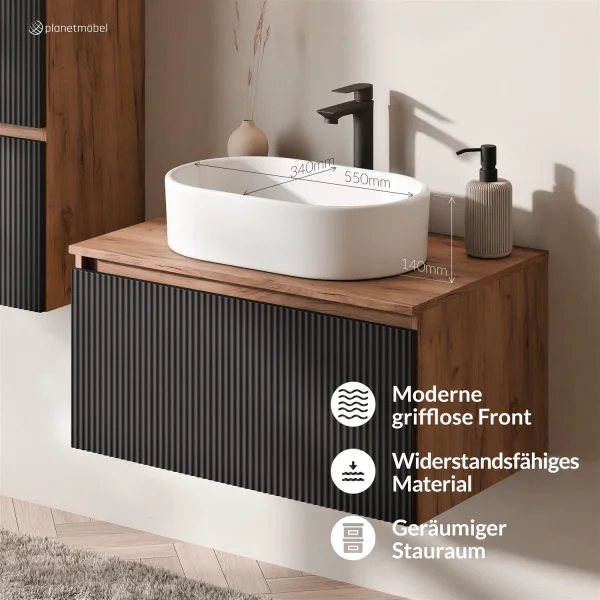 ARISA Badmöbel Set inkl. Hochschrank in Schwarz Geriffelt – Mit Nova LED Spiegel und weißem Keramik-Aufsatzwaschbecken 55 cm