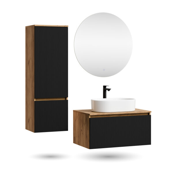 ARISA Badmöbel Set inkl. Hochschrank in Schwarz Geriffelt – Mit Nova LED Spiegel und weißem Keramik-Aufsatzwaschbecken 55 cm