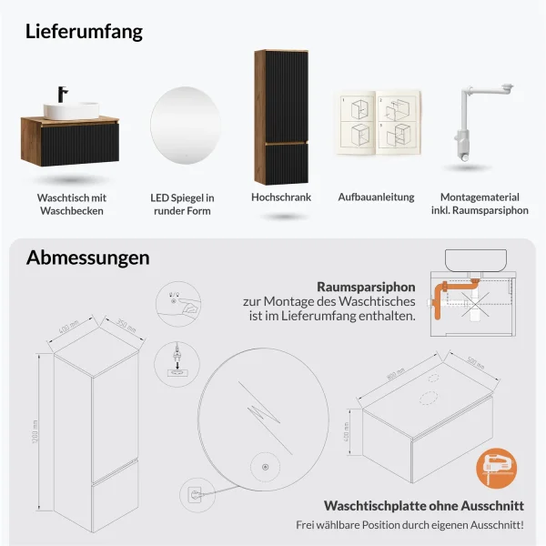 ARISA Badmöbel Set inkl. Hochschrank in Schwarz Geriffelt – Mit Nova LED Spiegel und weißem Keramik-Aufsatzwaschbecken 55 cm