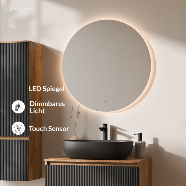 ARISA Badmöbel Set inkl. Hochschrank in Schwarz Geriffelt – Mit Nova LED Spiegel und schwarzem Keramik-Aufsatzwaschbecken 60 cm